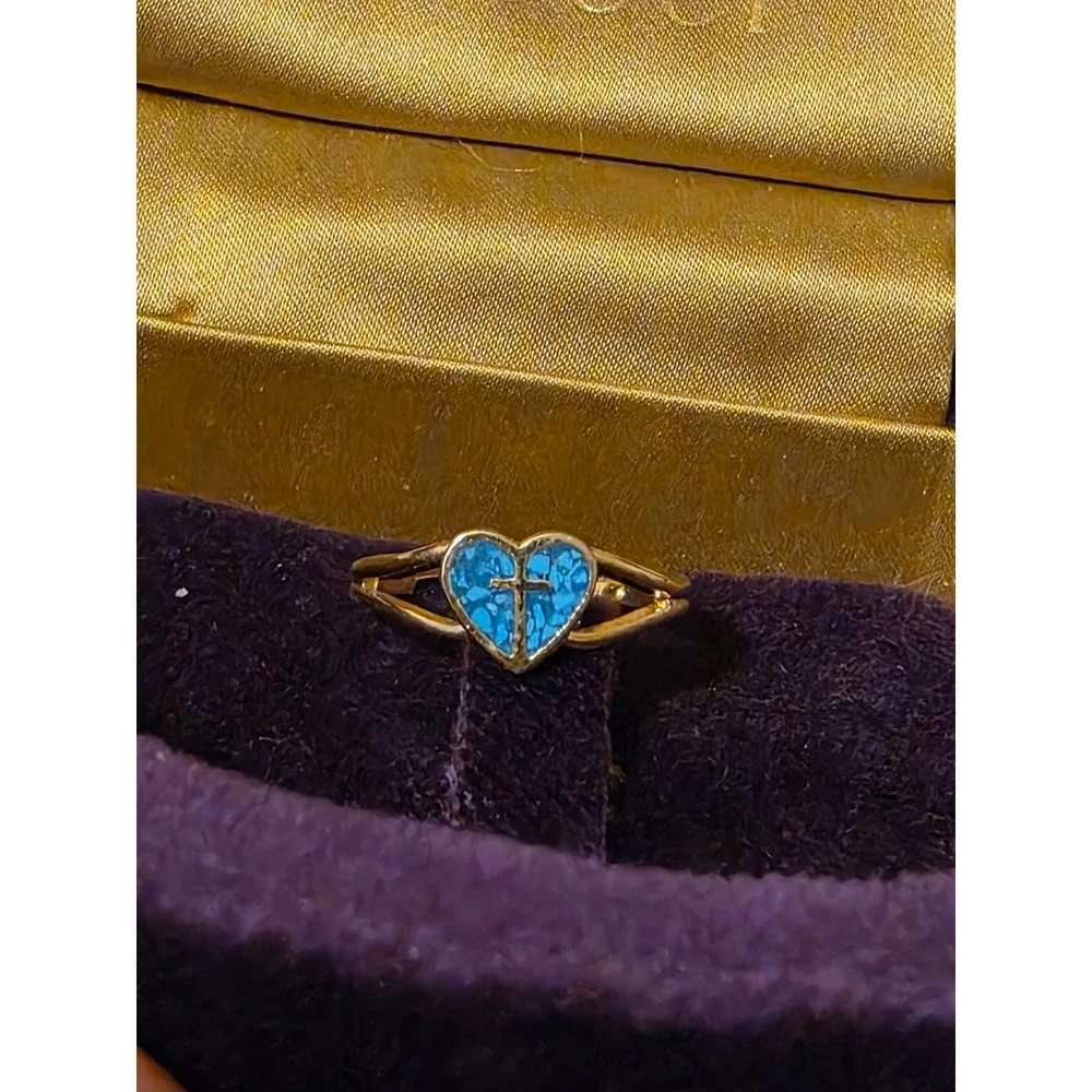 Vintage Style‎ Gold Tone Adjustable Ring Turquoise Heart Cross Faith Jewelry